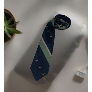 Vintage Abercrombie & Fitch Silk Tie Navy Blue Green Stripe Birds 90's USA‎